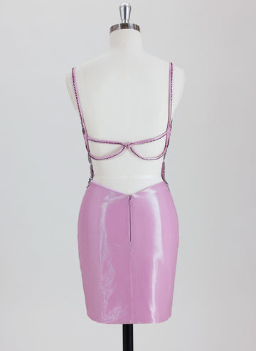 Sheath/Column Spaghetti Straps Short Satin Homecoming Dress With Rhinestone